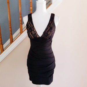 Black Bodycon Dress with Lace Upper & V-Neckline